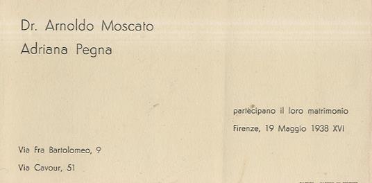 Album che raccoglie i messaggi d'auguri per il matrimonio di Arnoldo Moscato con Adriana Pegna, avvenuto a Firenze il 19 maggio 1938: 170 telegrammi, 42 lettere e cartoline manoscritte, 140 biglietti da visita con integrazioni di auguri manoscritte - copertina