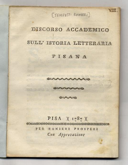 Discorso accademico sull'istoria letteraria pisana - copertina