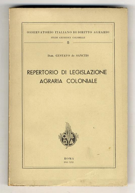 Repertorio di legislazione agraria coloniale - copertina