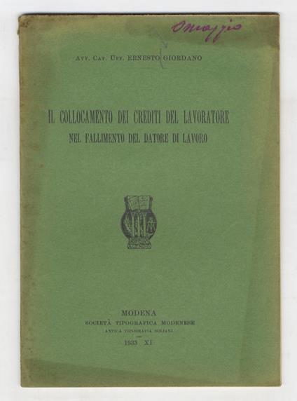 Il collocamento dei crediti del lavoratore nel fallimento del datore di lavoro - copertina