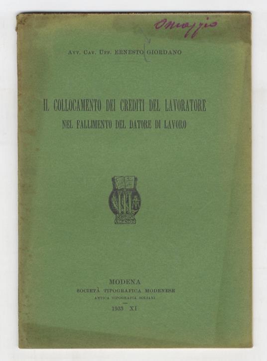 Il collocamento dei crediti del lavoratore nel fallimento del datore di lavoro - copertina