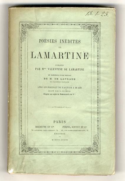Poésies inédites (...) publiées par M.me Valentine de Lamartine et précéde d'une préface de m. de Laprade (...) - copertina