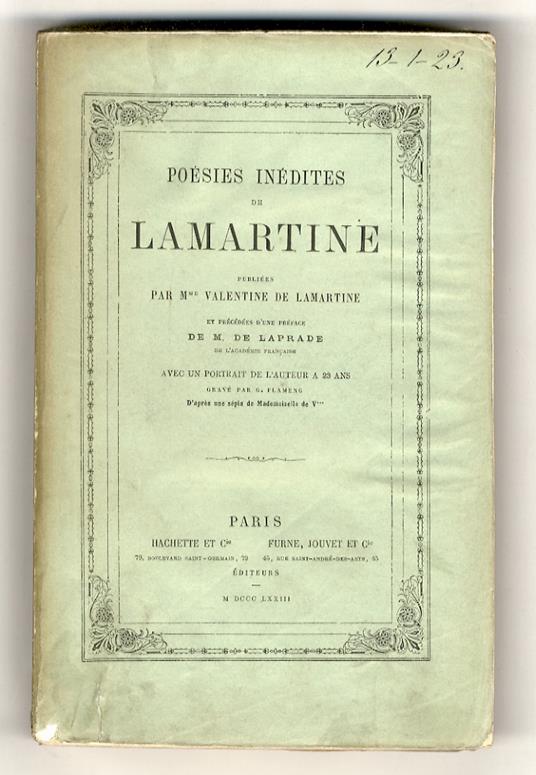 Poésies inédites (...) publiées par M.me Valentine de Lamartine et précéde d'une préface de m. de Laprade (...) - copertina