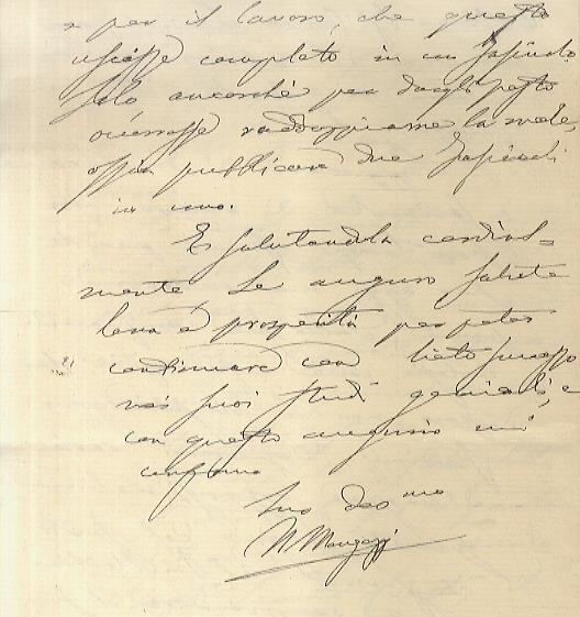 Lettera manoscritta autografa, firmata, stesa su quattro facciate, su carta intestata: Monte dei Paschi di Siena - Segretario Generale. Indirizzata al prof. Antonio Canestrelli, datata: "27 marzo 1904". "Gentilissimo Sig. professore, il Sig. [nome no - copertina