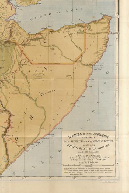 GIUBA (LA) ed i suoi affluenti esplorati dalla spedizione del Cap. Vitorio Bòttego inviata dalla Società Geografica Italiana. Settembre 1892 - settembre 1893. Carta d'insieme [...] Scala di 1:4.000.000 - copertina