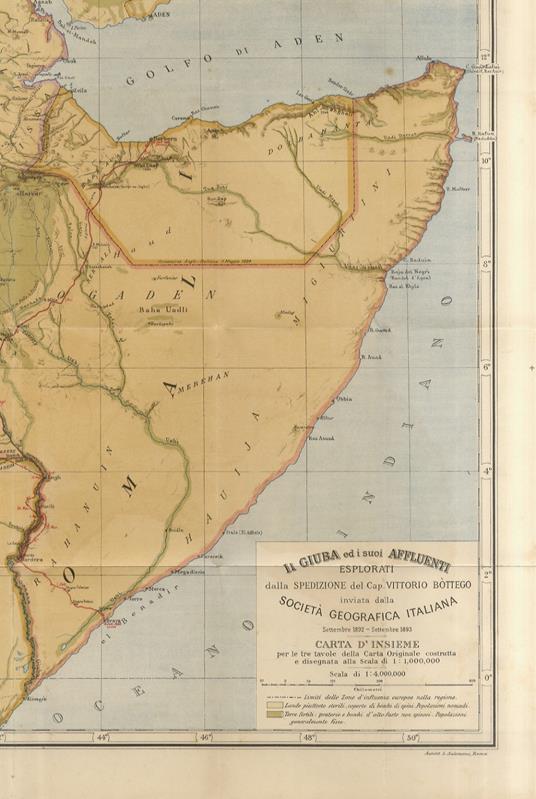 GIUBA (LA) ed i suoi affluenti esplorati dalla spedizione del Cap. Vitorio Bòttego inviata dalla Società Geografica Italiana. Settembre 1892 - settembre 1893. Carta d'insieme [...] Scala di 1:4.000.000 - copertina