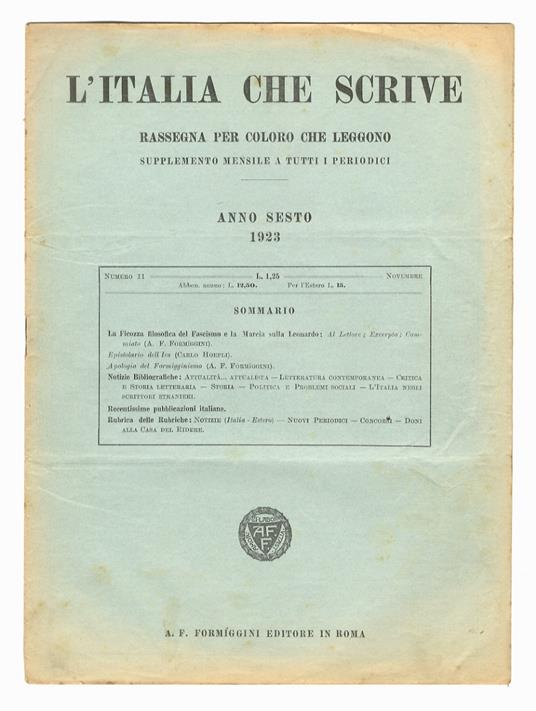 ITALIA (L') che scrive. Rassegna per coloro che leggono. Supplemento mensile a tutti i periodici. Anno sesto. 1923. Fascicolo n. 11 - copertina