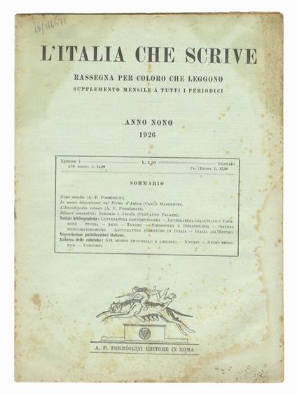 ITALIA (L') che scrive. Rassegna per coloro che leggono. Supplemento mensile a tutti i periodici. Anno nono. 1926. Fascicolo n. 1 - copertina