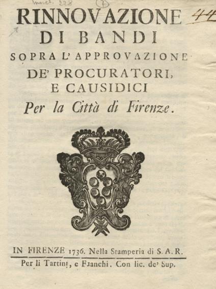 Rinnovazione di bandi sopra l'approvazione de' procuratori e causidici per la città di Firenze - copertina