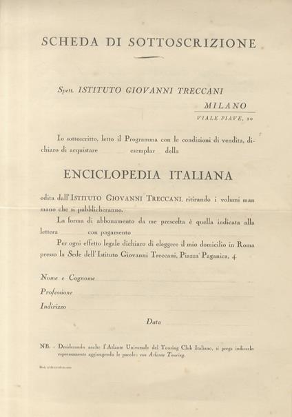 Scheda di sottoscrizione per l'abbonamento all'Enciclopedia Italiana edita dall'Istituto Giovanni Treccani - copertina