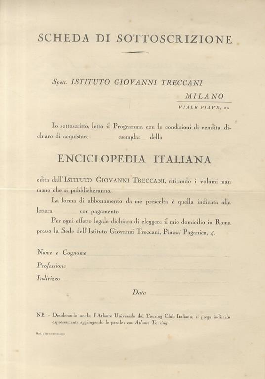 Scheda di sottoscrizione per l'abbonamento all'Enciclopedia Italiana edita dall'Istituto Giovanni Treccani - copertina