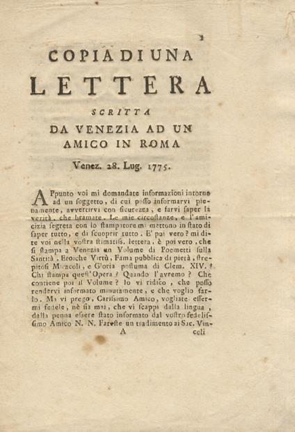 Copia di una lettera scritta da Venezia ad un amico in Roma. Venez. 28. Lug. 1775 - copertina