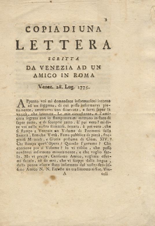 Copia di una lettera scritta da Venezia ad un amico in Roma. Venez. 28. Lug. 1775 - copertina