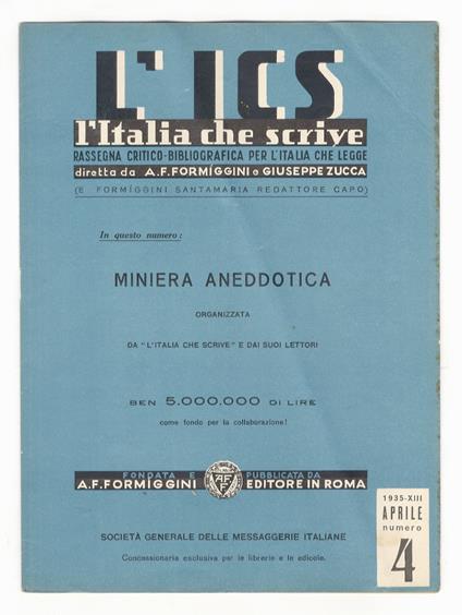 ITALIA (L') che scrive. Rassegna critico-bibliografica per l'Italia che legge. Diretta da A.F. Formìggini Giuseppe Zucca (E. Formìggini Santamaria redattore capo). Anno diciottesimo. 1935. Fascicolo n. 4, aprile - copertina