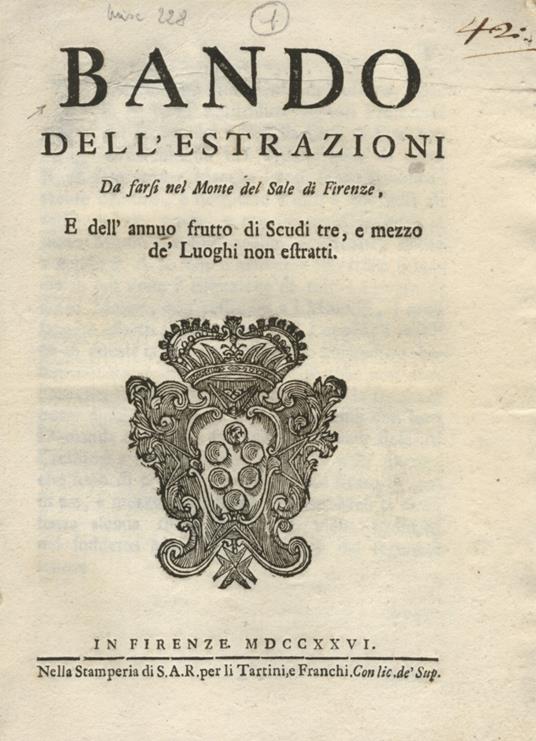 Bando dell'estrazioni da farsi nel Monte del Sale di Firenze, e dell'annuo frutto di scudi tre e mezzo de' luoghi non estratti - copertina