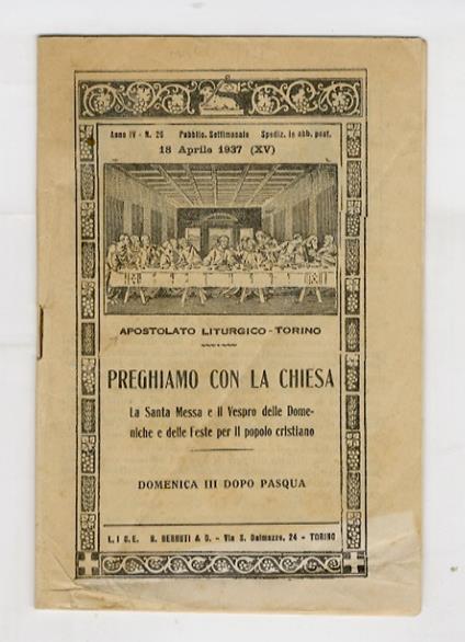 Apostolato liturgico - Torino. Preghiamo con la Chiesa. La Santa Messa e il Vespro delle Domeniche e delle Feste per il popolo cristiano. Domenica III dopo Pasqua - copertina