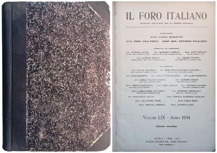 Il Foro Italiano. Raccolta generale di giurisprudenza Vol. LIX - Anno 1934. Parte I-II-III-IV e Sommario - copertina