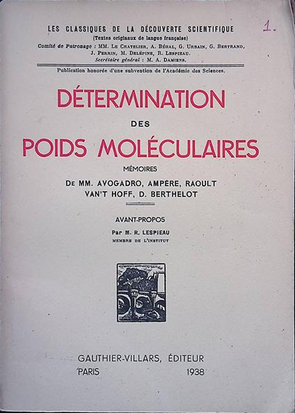 Détermination des poids moléculaires. Memoires - copertina