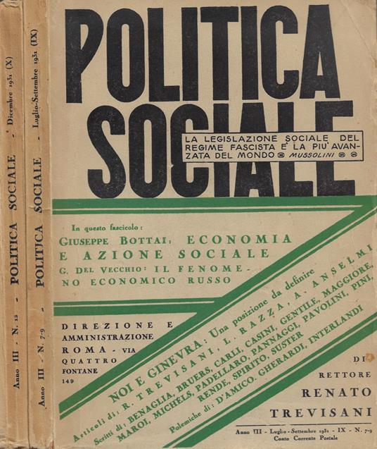 Politica Sociale. Rivista mensile. Anno III - 1931 (X) - N. 7/9 (Luglio-Settembre), N. 12 (Dicembre) - copertina