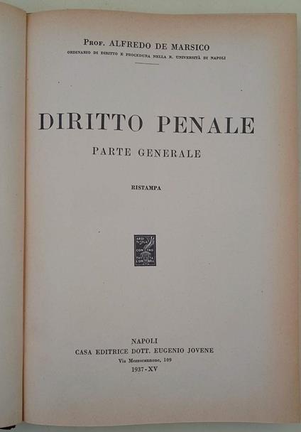 Diritto Penale Parte Generale - Alfredo De Marsico - copertina