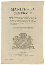 MANIFESTO CAMERALE Portante notificanza di una nuova Tariffa approvata da S.M. per la vendita delle Polveri sì da caccia, che da mina; e dei Piombi lavorati in Dragea, Palle, e Pallini nelle ivi accennate Provincie..