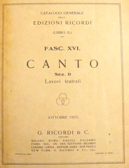 Catalogo generale Edizioni Ricordi: Libro II: Fasc XVI: Canto: Sez. D: lavori teatrali - copertina