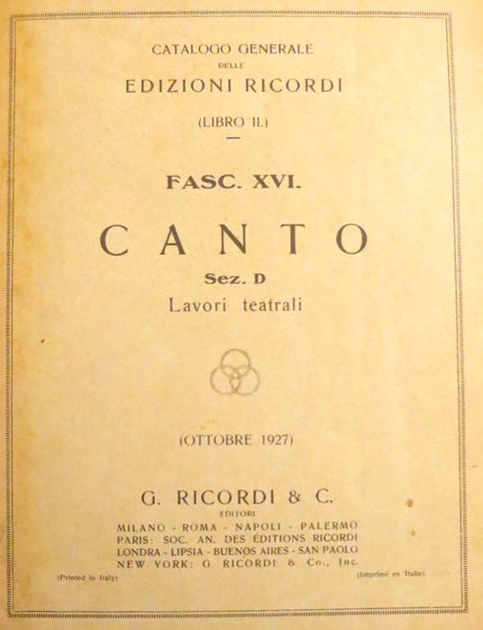 Catalogo generale Edizioni Ricordi: Libro II: Fasc XVI: Canto: Sez. D: lavori teatrali - copertina