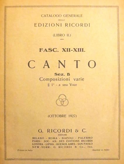 Catalogo generale Edizioni Ricordi: Libro II: Fasc XII-XIII: Canto: Sez. B: composizioni varie - copertina