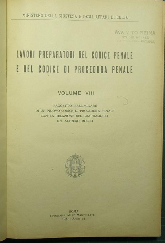 La Lavori preparatori del codice penale e del codice di procedura penale - Vol. VIII - copertina