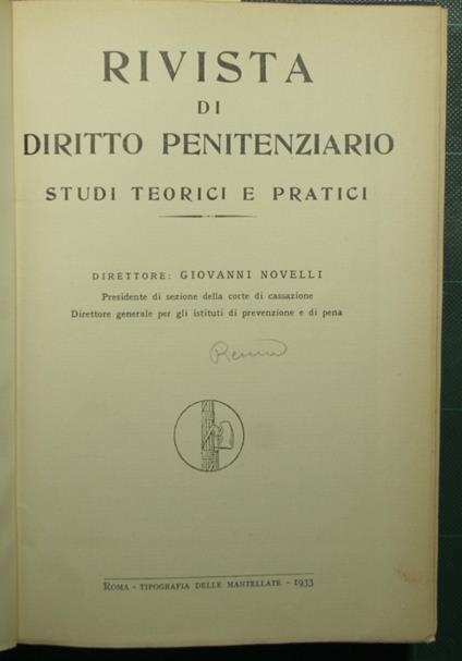 Rivista di diritto penitenziario - Anno 1933 - Voll. I e II - copertina