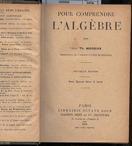 Pour Comprendre L'algebre - Th. Moreux - copertina