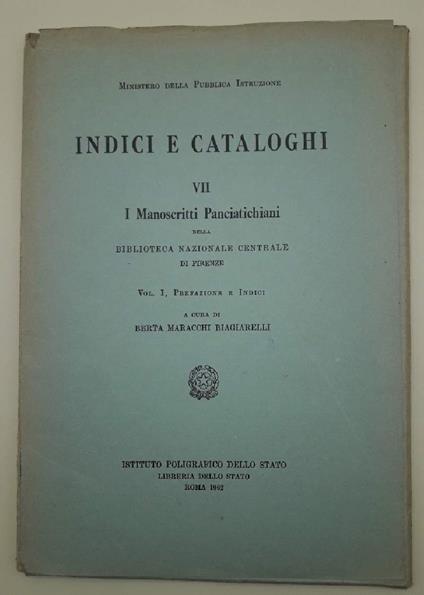 I Manoscritti Panciatichiani- Vii - Vol I Prefazione e Indici - copertina