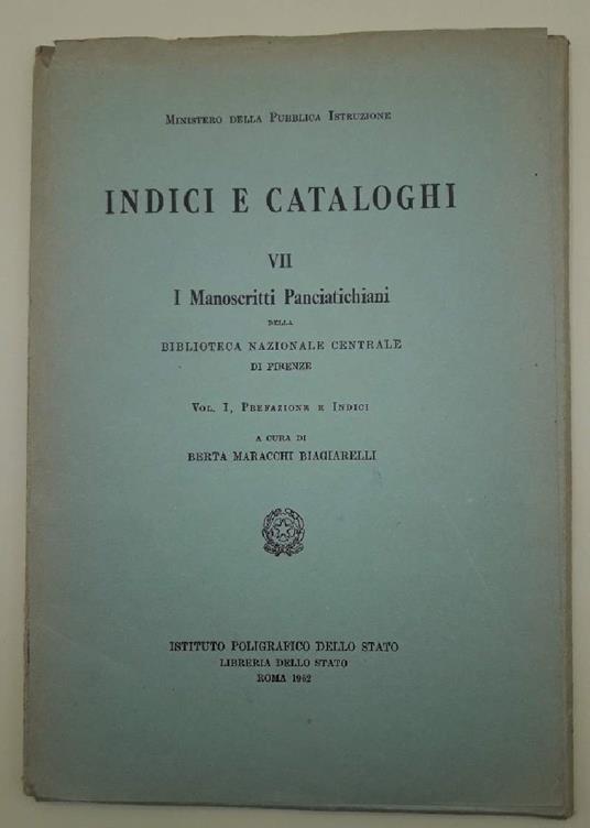 I Manoscritti Panciatichiani- Vii - Vol I Prefazione e Indici - copertina