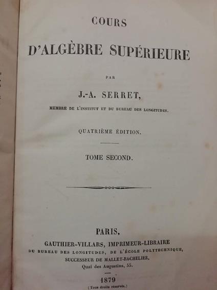 Cours D'algebre Superieure Tome Seconde  - copertina