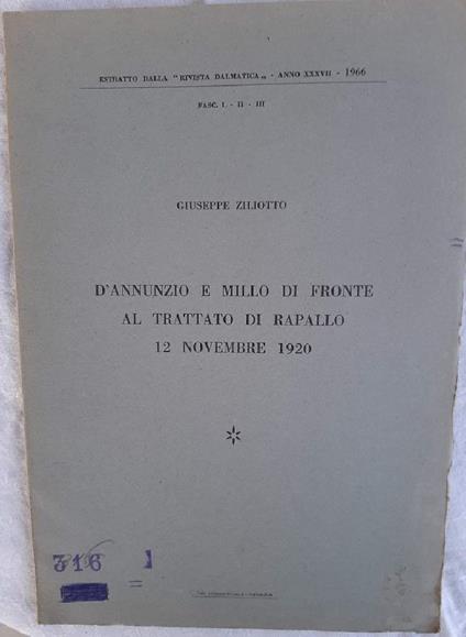 D'annunzio e Millo di Fronte Al Trattato di Rapallo -12 Novembre 1920 - copertina