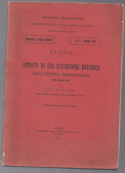 Etiopia. Appunti di Una Escursione Botanica Nell'etiopia Meridionale (marzo-agosto 1909) - G. Negri - copertina