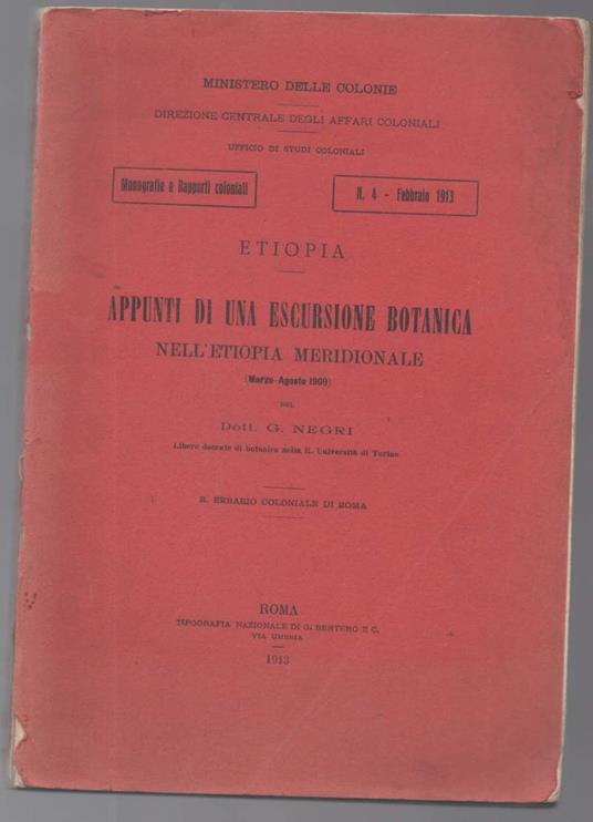 Etiopia. Appunti di Una Escursione Botanica Nell'etiopia Meridionale (marzo-agosto 1909) - G. Negri - copertina