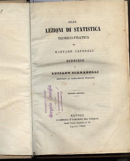 Sulle Lezioni di Statistica Teorico-pratica di Gaetano Caporale - Luciano Scarabelli - copertina
