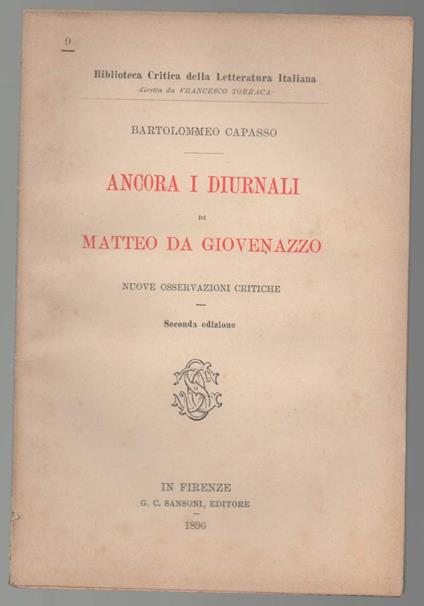 Ancora I Diurnali di Matteo da Giovenazzo-nuove Osservazioni Critiche  - Bartolomeo Capasso - copertina