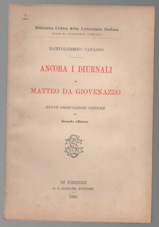 Ancora I Diurnali di Matteo da Giovenazzo-nuove Osservazioni Critiche  - Bartolomeo Capasso - copertina