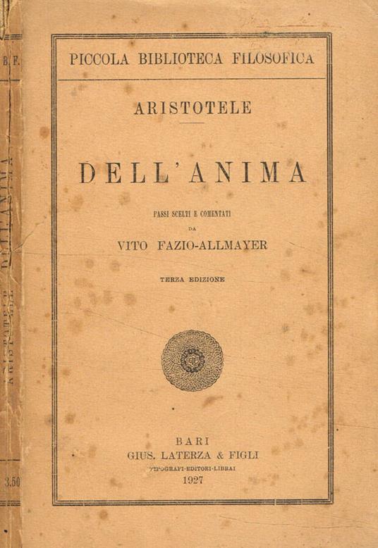 Dell'anima - Aristotele - copertina