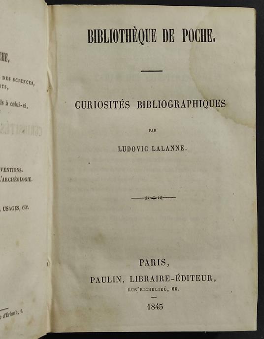 Bib. Poche - Curiosites Bibliographiques - L. Lalanne - Ed. Paulin - copertina