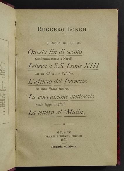 Questioni del Giorno - R. Bonghi - Ed. Treves - Ruggero Bonghi - copertina