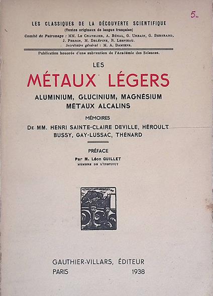 Les Métaux Légers. Aluminium, Glucinium, Magnesium, Métaux Alcalins - copertina