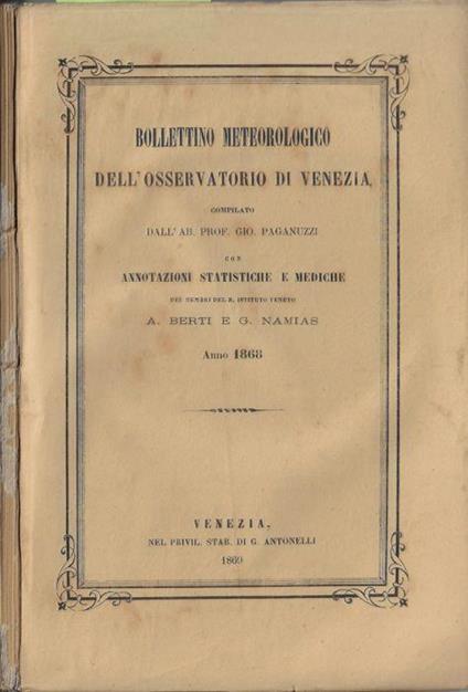 Bollettino meteorologico dell'osservatorio di Venezia anno 1868 - copertina