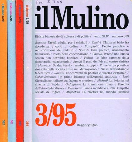 Il Mulino. Anno XLIV, fasc.3, 4, 5, 6. 1995 - Alessandro Cavalli - copertina