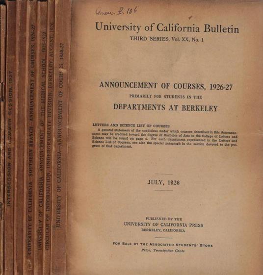 University of California Bulletin III series Vol. XX N. 1, 2, 3, 4, 5, 9, 10 1926-1927 - copertina