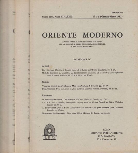 Oriente moderno, nuova serie, anno VI (LXVII), n1-3,4-6,7-12, 1987 - copertina