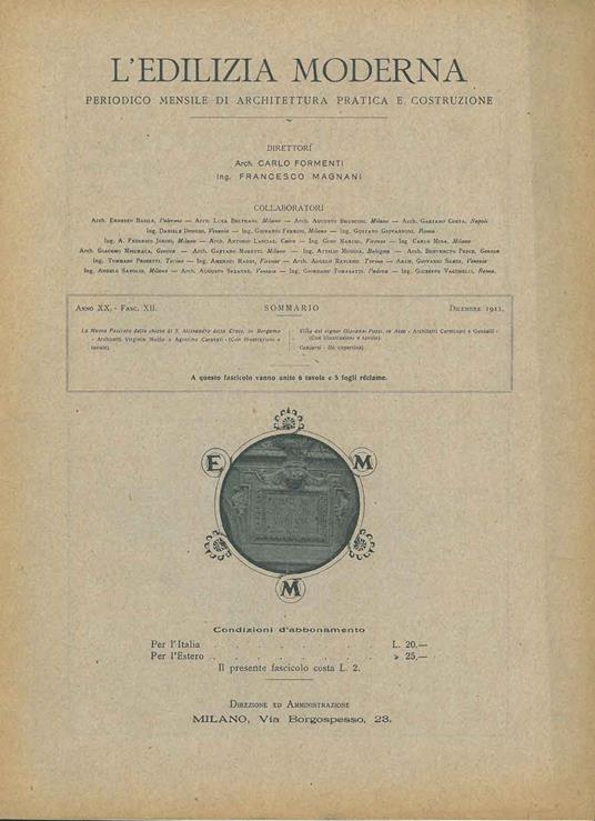 L' edilizia moderna. Anno XX, Fasc. XII Dicembre 1911. Periodico mensile di architetture pratica e costruzione. "La nuova facciata della chiesa di S. Alessandro della croce, in Bergamo"; " La villa del signor Giovanni Pozzi, in Asso" - copertina