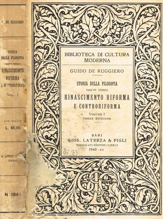 Storia della filosofia parte terza. Rinascimento riforma e controriforma vol.I - Guido De Ruggiero - copertina